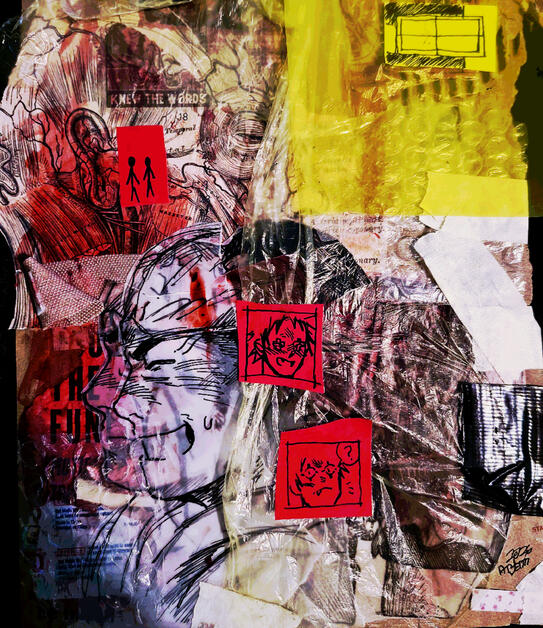 and it's raining tomorrow (Fan work: Dorohedoro, Mixed media (physical collage and ink with digital editing), 2026)