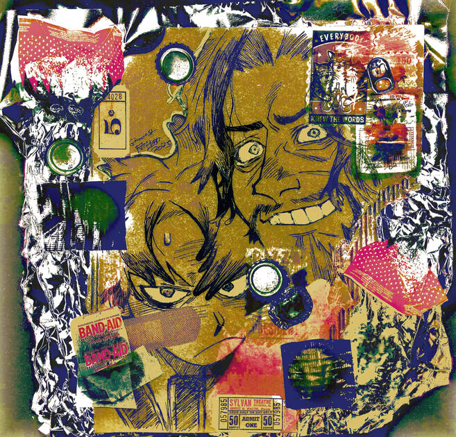 Family photo (Fan work: Gachiakuta, Mixed media (physical trash collage and ink on cardboard with digital editing), 2025)