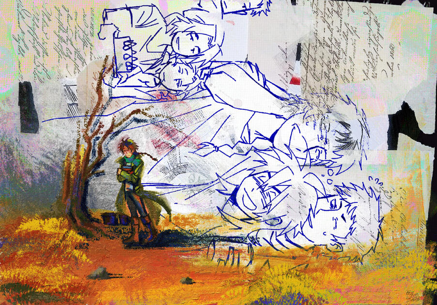 Congrats (Fan work: 細胞神曲 - Cell of Empireo -, Mixed media (ink, tape, scrap paper, fake blood, digital), 2025)